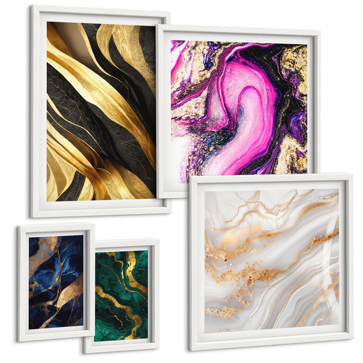 BILDER SET 5er Set - 50x50 cm & 20x30 cm & 40x60 cm Weißer Rahmen - Abstrakter Marmor mit Farben - Weiß, Kunststoff (40/60cm) - TULUP
