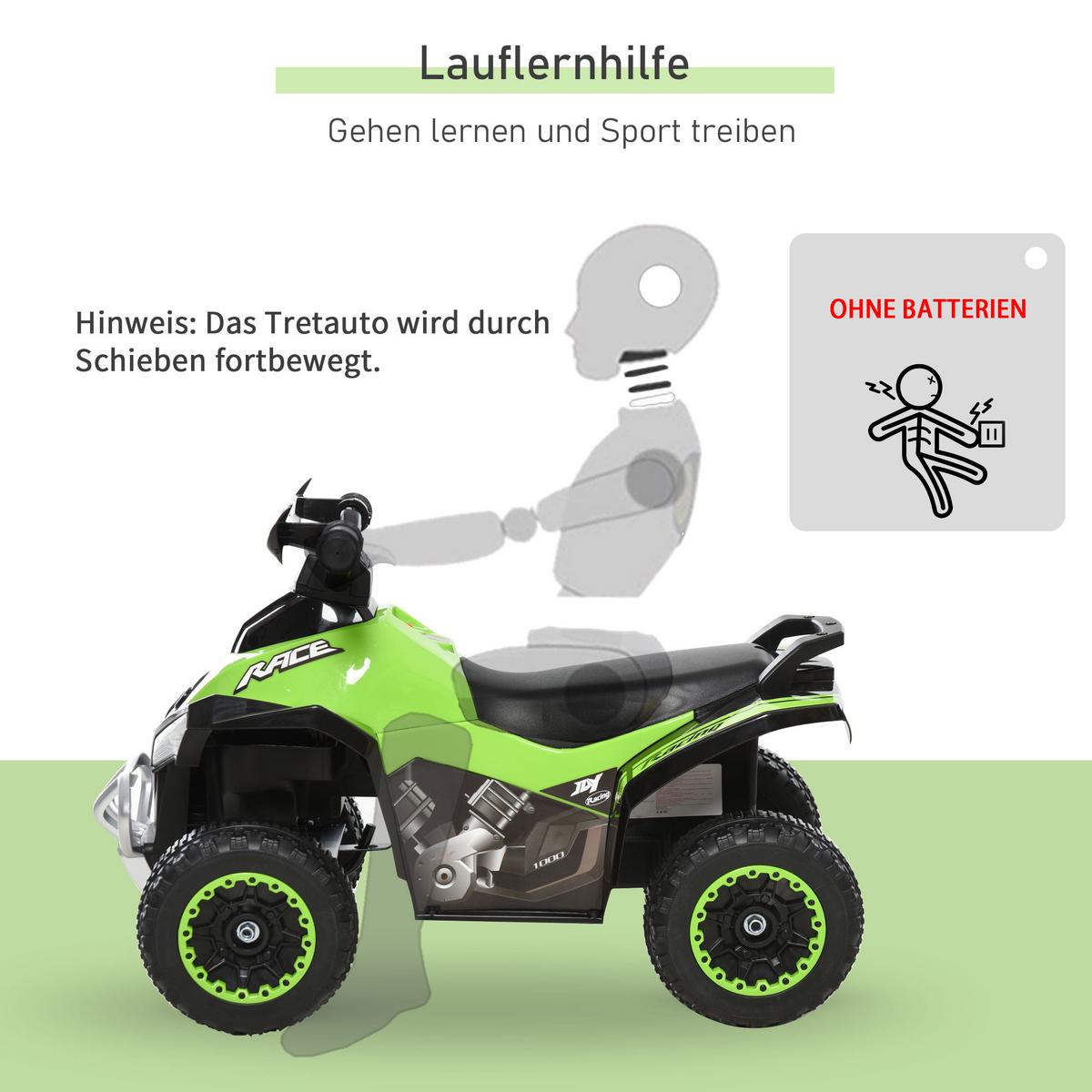RUTSCHAUTO Kinder Tretauto Kinderauto mit Füßen rutschen Licht Musik Grün - Grün, Metall (67/5/38cm) - HOMCOM