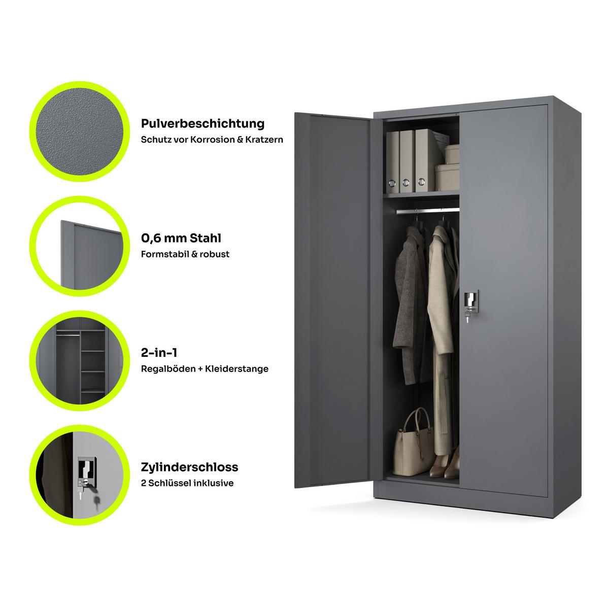 SOZIALRAUMSCHRANK aus Stahl Metallschrank für Büro Stahlschrank für Dokumente Akten Anthrazit 90x45x185cm - Anthrazit, Metall (90/185/45cm) - Muralo