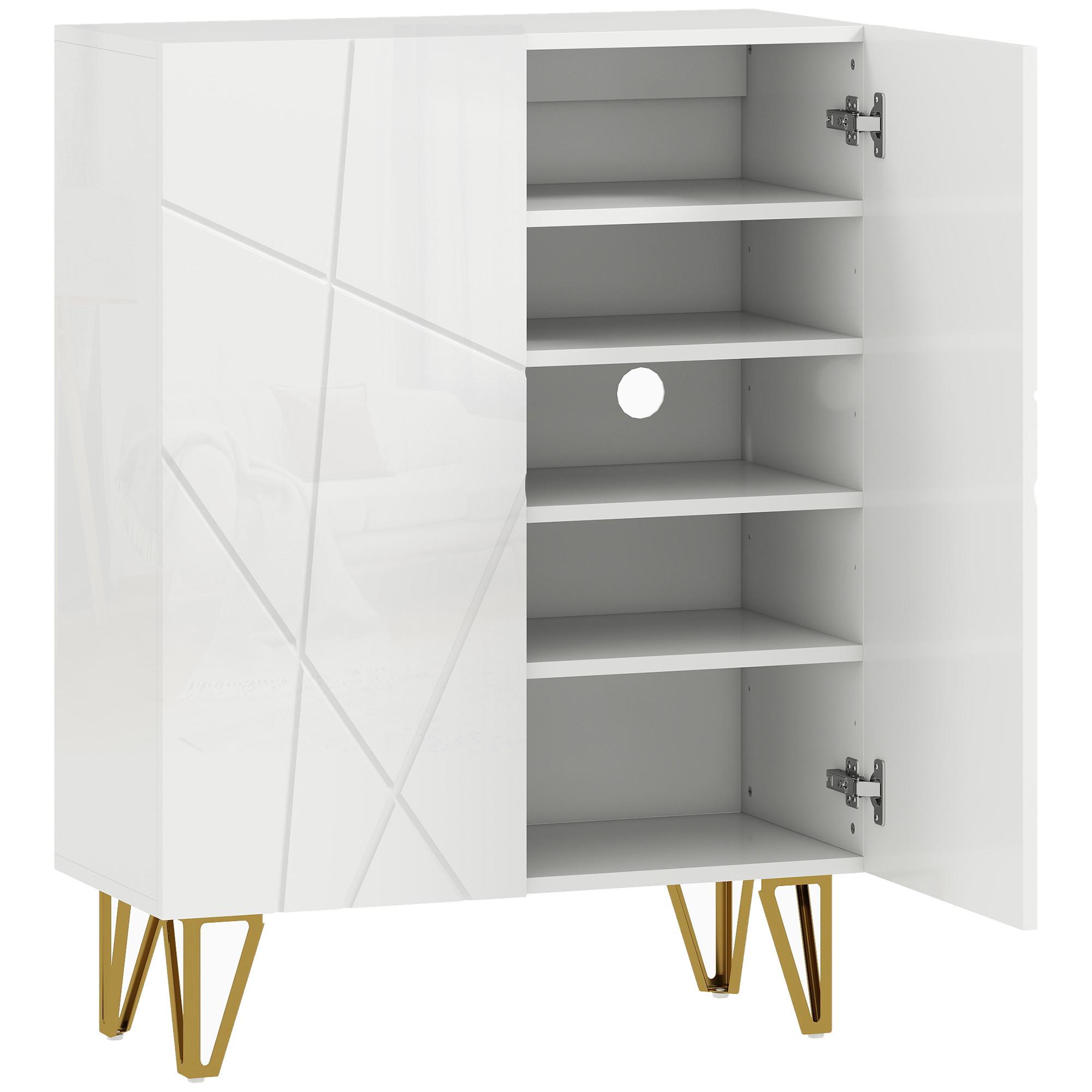 SCHUHSCHRANK mit 2 Türen, Schuhregal, Schuhaufbewahrung mit 4 Ablagen Weiß - Weiß Hochglanz/Goldfarben, Holzwerkstoff/Metall (31.5/95/72cm) - HOMCOM