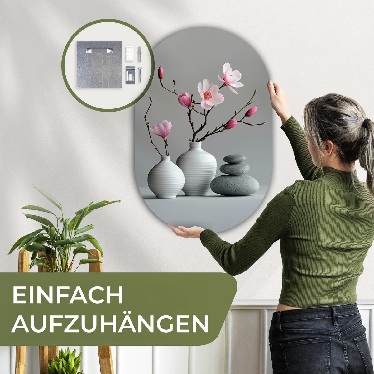WANDBILD Magnolie - Blumen - Rosa - Zen-Steine Wanddeko Schlafzimmer 60x90 cm - Hellgrau, Kunststoff (60/90cm) - MuchoWow