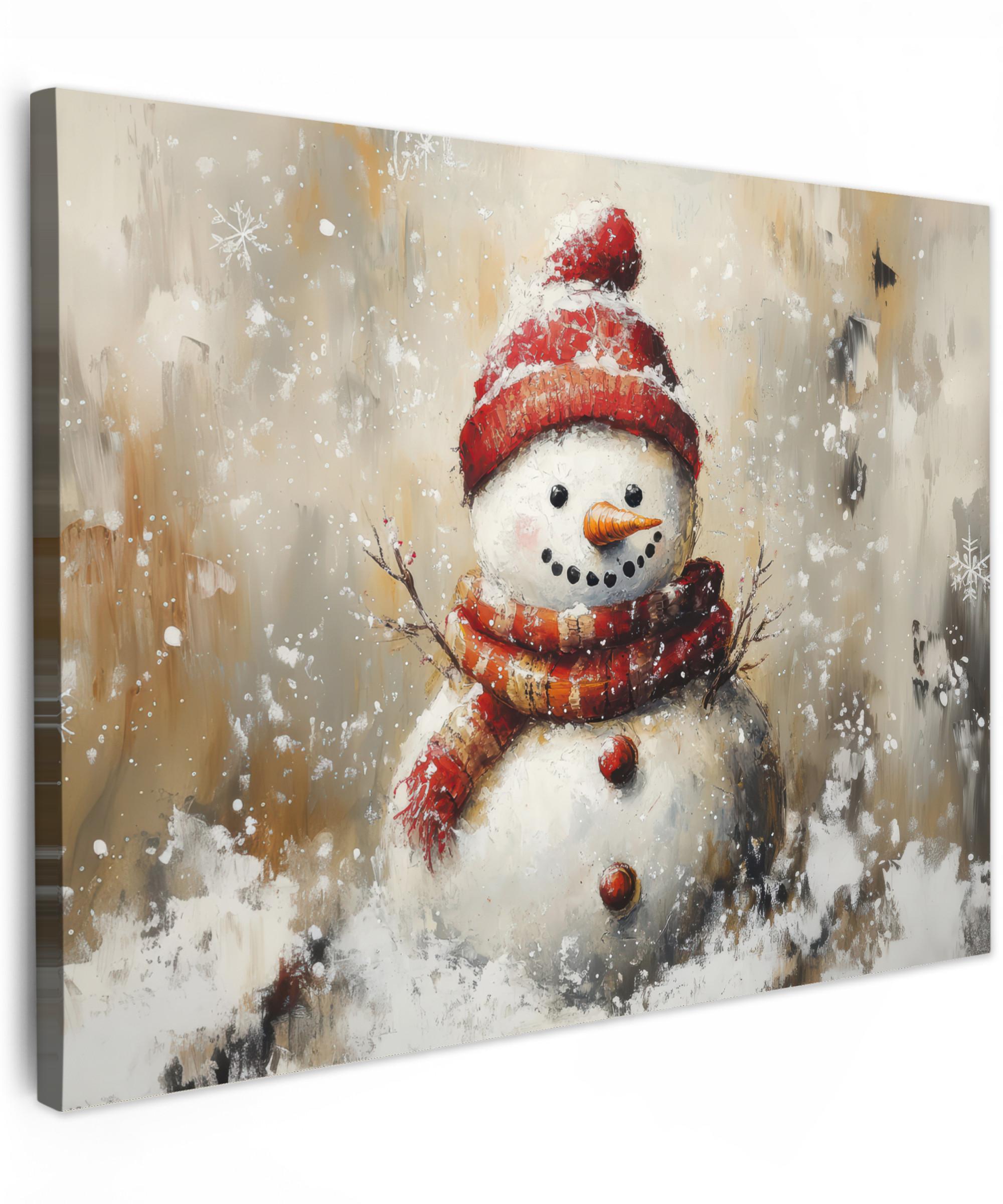 LEINWANDBILD Schneemann - Winter - Schnee - Beige Wandbild 40x30 cm - Weiß, Textil (40/30cm) - MuchoWow