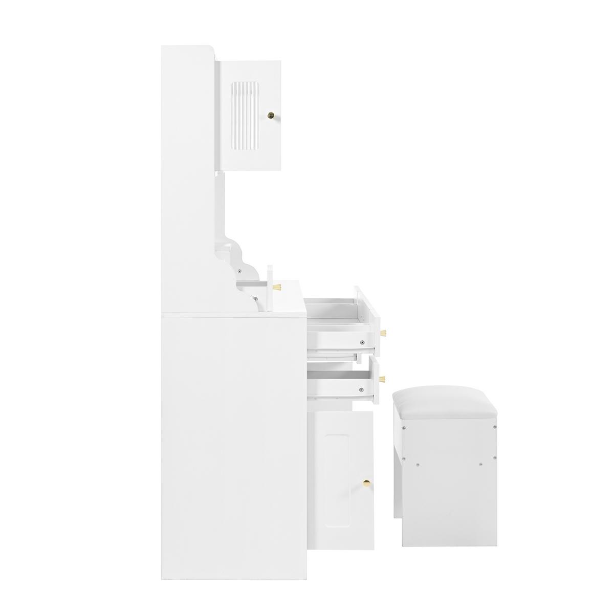SCHMINKTISCH Weiß mit LED-Spiegel, Steckdosen & Hocker - Weiß, Holzwerkstoff (105/152/40cm) - Urban Meuble
