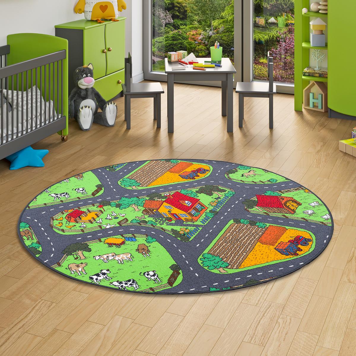 KINDER SPIEL TEPPICH BAUERNHOF RUND - Grün, Textil (160/160cm) - Snapstyle