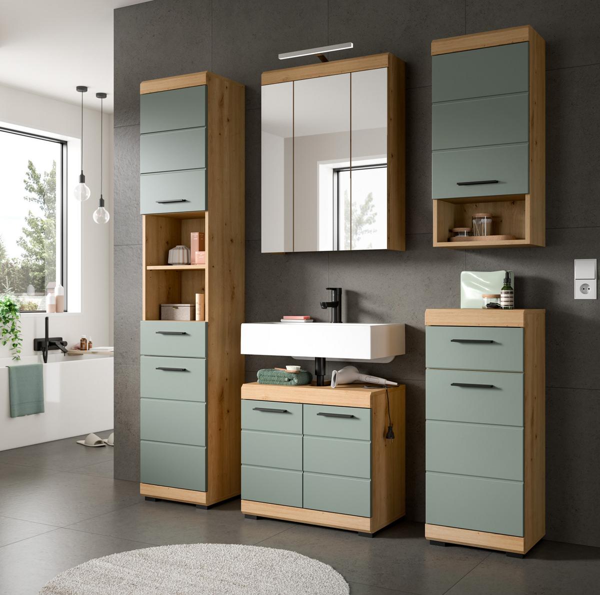 HÄNGESCHRANK Salbei grün, Eiche Artisan 74 x 79 cm, Badschrank hängend - Salbeigrün/Schwarz, Holzwerkstoff/Kunststoff (74/79/24cm) - Inn.Furn