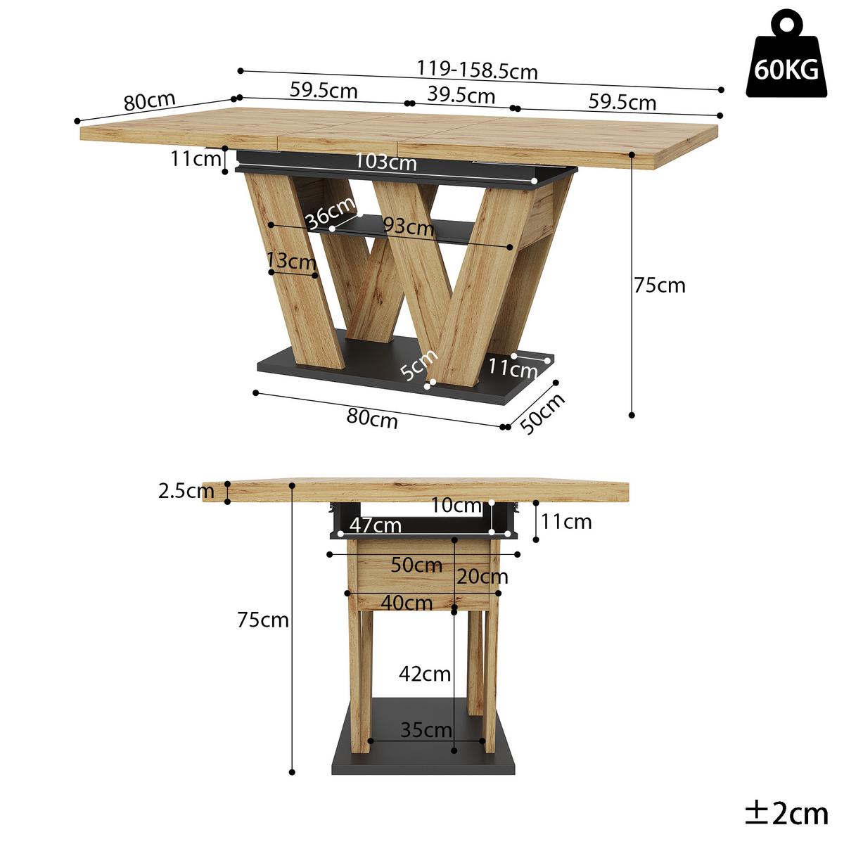 ESSTISCH Ausziehbar 100-176cm Eiche & Schwarz Teleskopdesign - Naturfarben, Holzwerkstoff (80/119/75cm) - Urban Meuble