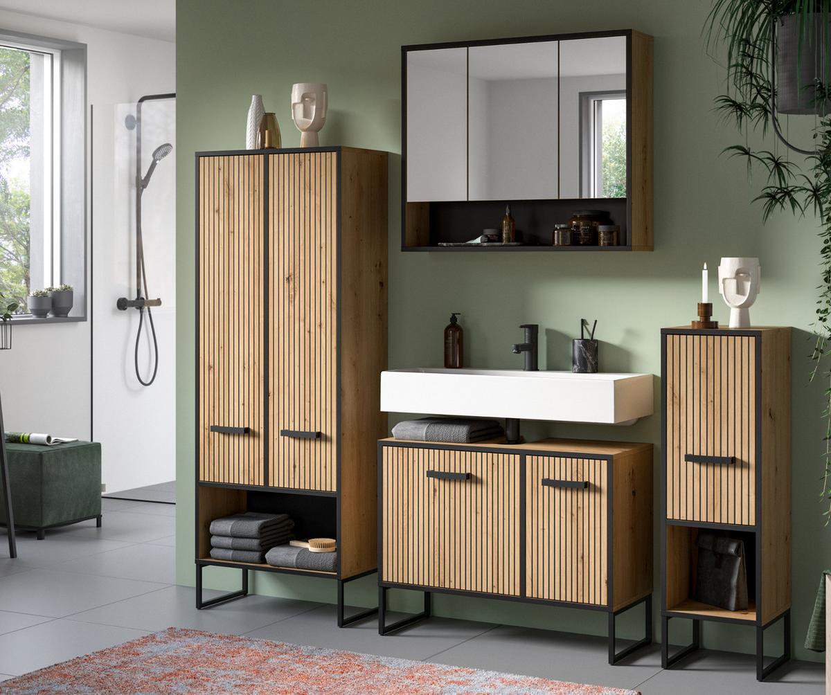 HOCHSCHRANK Eiche Artisan, schwarz 60 x 160 cm, Badezimmer Schrank mit Soft-Close - Schwarz/Eiche Artisan, Holzwerkstoff/Kunststoff (59/159/32cm) - Inn.Furn