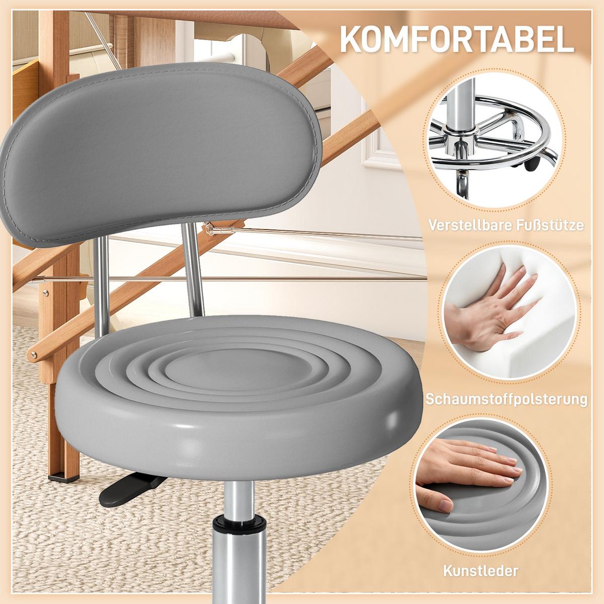 ROLLHOCKER höhenverstellbar Drehhocker Drehbar Salon Hocker mit Lehne, Rädern - Silberfarben/Grau, Kunststoff/Textil (32/86/40cm) - HOMCOM