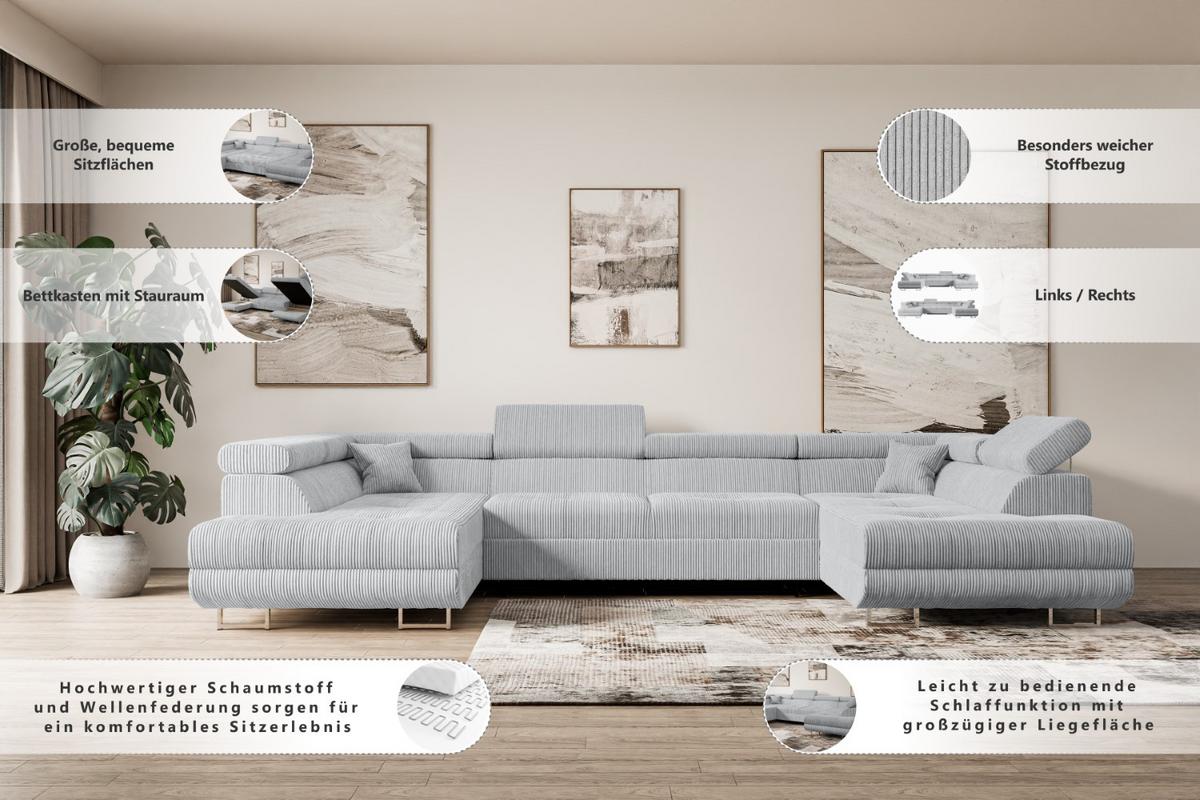 WOHNLANDSCHAFT mit Schlaffunktion und Bettkasten GUSA-U 342x202x107 cm Creme Cord - Silberfarben/Hellgrau, Holzwerkstoff/Textil (342/107/202cm) - ALTDECOR
