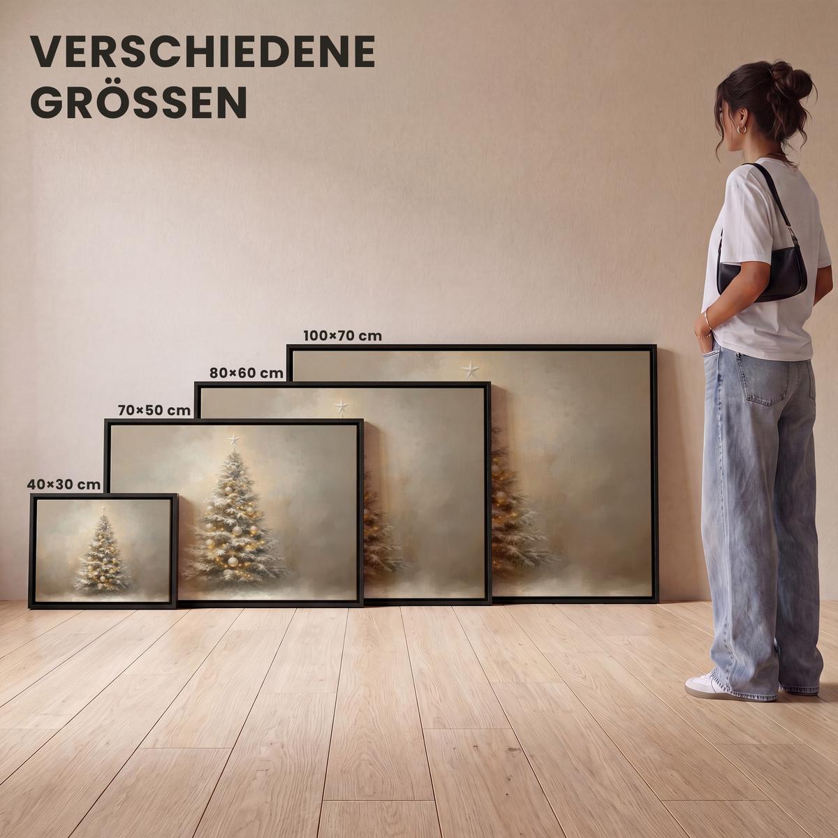 LEINWAND Bilder mit Rahmen - Weihnachten - Weihnachtsbaum - Schnee - Kunst - 100x70 - Champagner, Textil (100/70cm) - MuchoWow