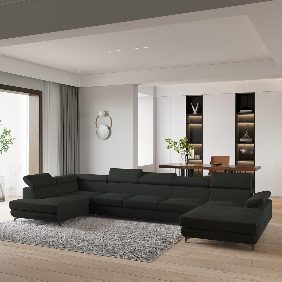 WOHNLANDSCHAFT MONTIVA Schwarz Velours-Stoff mit Schlaffunktion - Schwarz, Holz (410/89/190cm) - MASSENO