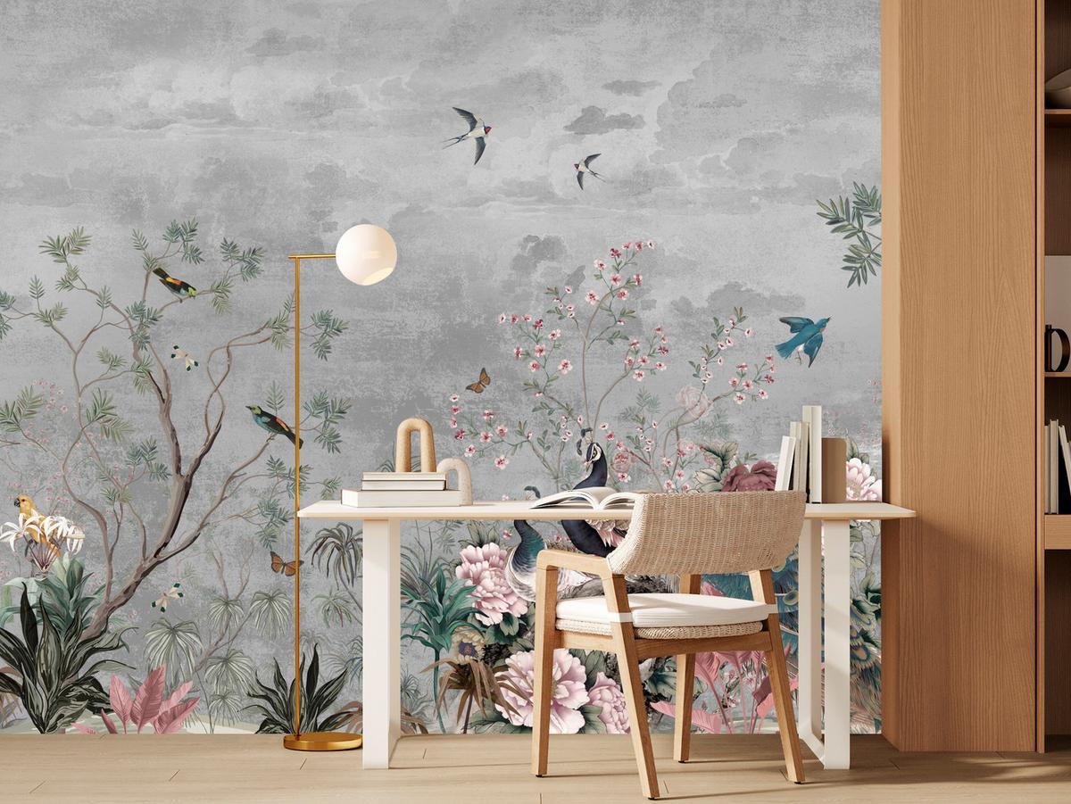 FOTOTAPETE für Büro Pfauen Vögel Pflanzen Bäume Tropische Blumen 300x210 - Multicolor, Papier (300/210cm) - Muralo