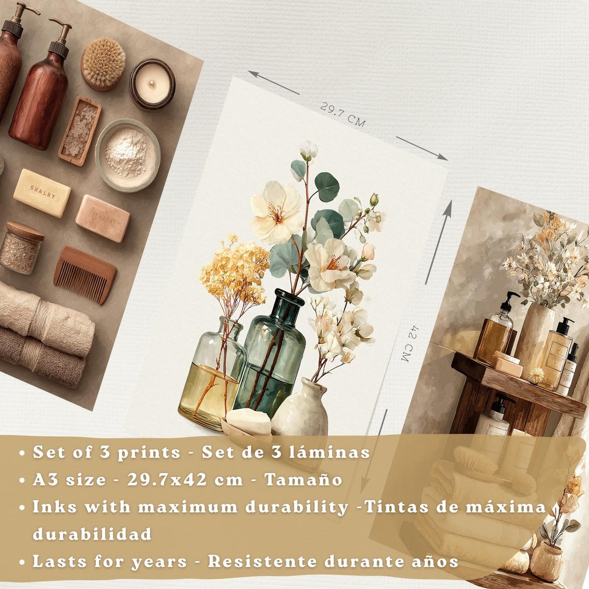 POSTER 3er-Set dekorative Badezimmerdrucke, natürlicher Spa-Stil, minimalistische Bilder mit Blumen Zen-Poster, Wohndekoration Leichter Holzrahmen A3 - Beige, Papier (42/29.7/3cm) - Nacnic