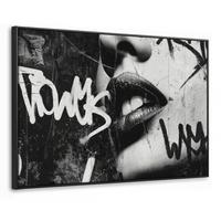 LEINWAND Bilder mit Rahmen - Gesicht - Mund - Graffiti - Schwarz - 140x90 - Schwarz, Textil (140/90cm) - MuchoWow