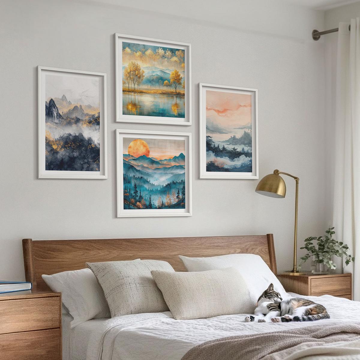 BILDER SET 4er Set - 50x50 cm & 40x60 cm Weißer Rahmen - Gemalte Abstraktionen der Natur - Weiß, Kunststoff (50/50cm) - TULUP