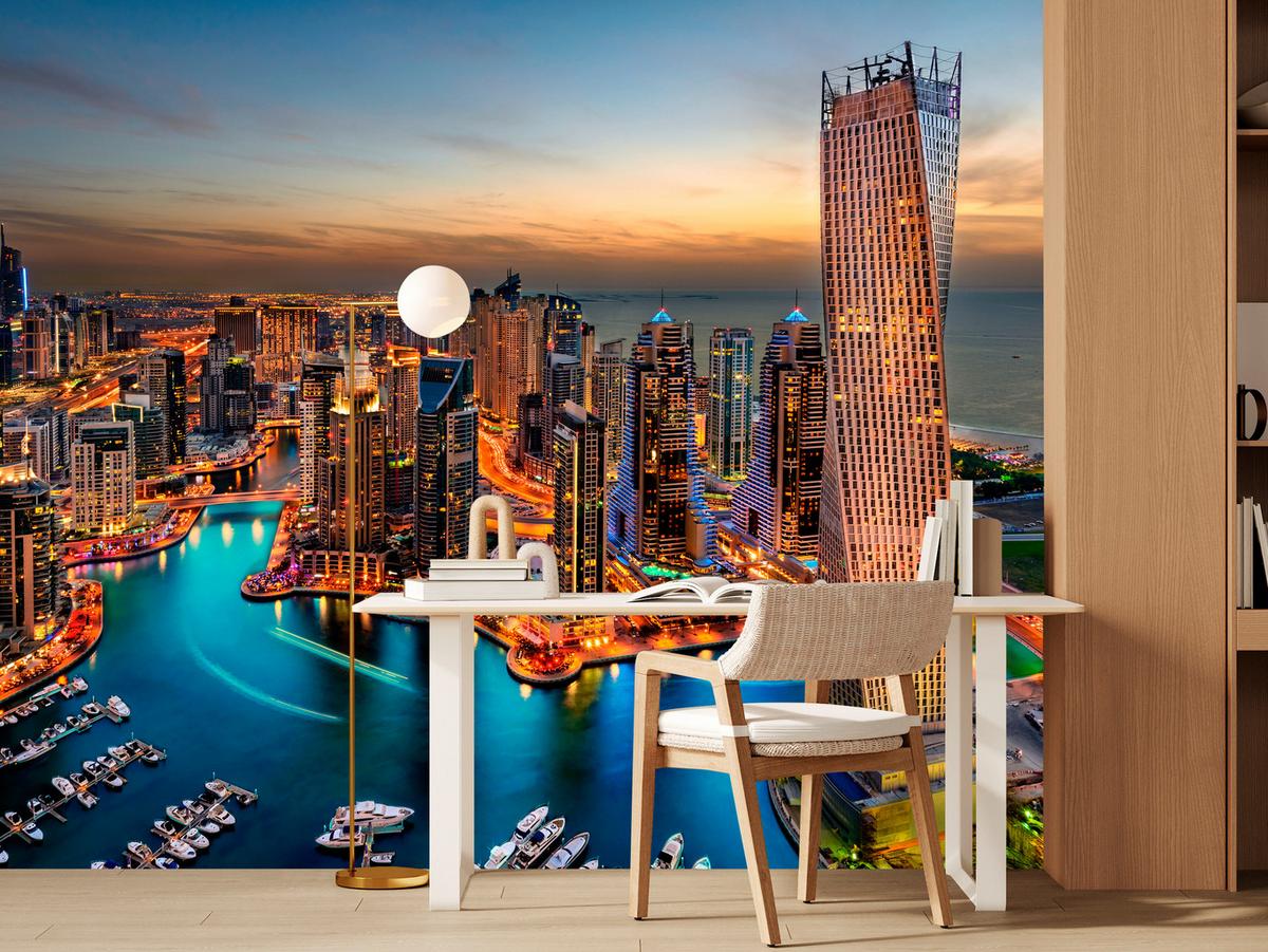 FOTOTAPETE für Büro Hochhäuser Dubai Marina Hafen Lichter Modern 150x105 - Türkis/Gelb, Papier (150/105cm) - Muralo