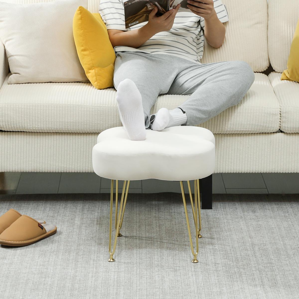 HOCKER Sitzhocker in Kleeblattform mit Stahlbeinen Fußhocker mit Samtoptik Creme - Weiß, Textil (41/40/41cm) - HOMCOM