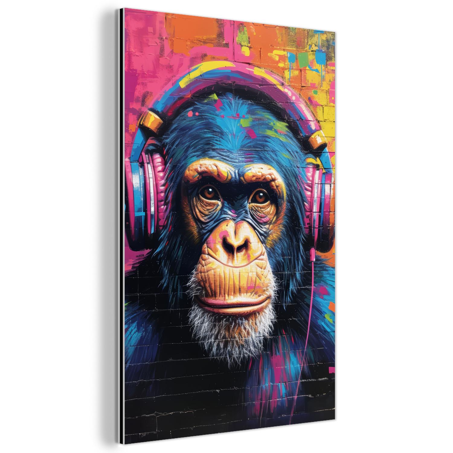 METALLBILD Graffiti - Schimpanse - Straßenkunst - Kopfhörer - Affe 20x30 cm - Blau, Metall (20/30cm) - MuchoWow