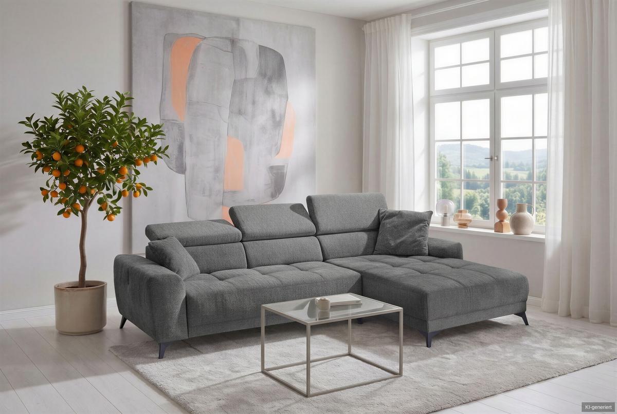 ECKSOFA mit elektrischer Sitztiefenverstellung, Kopflehnen verstellbar, USB-A und USB-C Ladefunktion B299/T200/H107 cm, Chenille Dunkelgrau / 15421 - Dunkelgrau/Schwarz, Holzwerkstoff/Textil (299/200cm) - luma-home