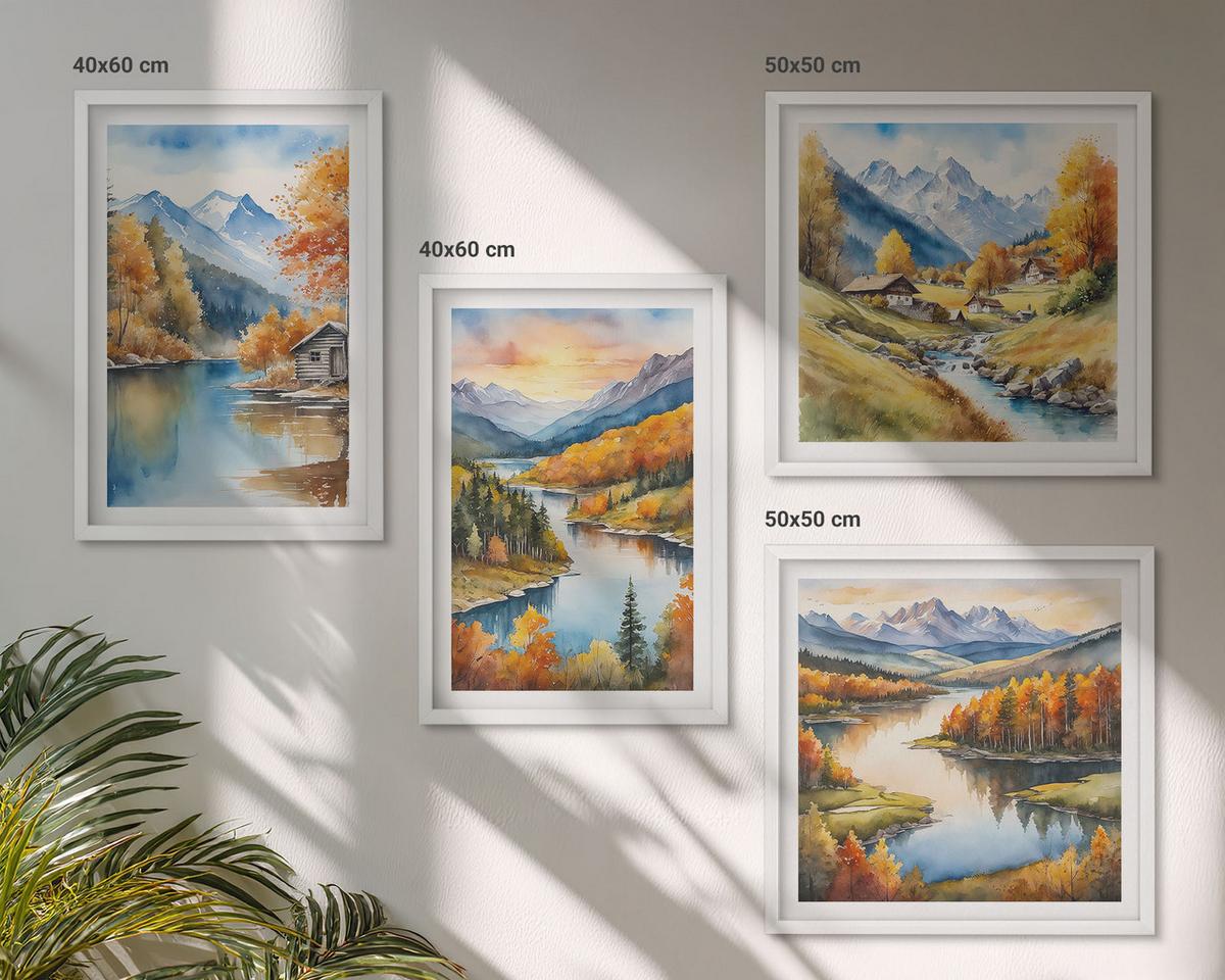 BILDER SET 4er Set - 50x50 cm & 40x60 cm Weißer Rahmen - Herbstliche Berge, Flusshütte - Weiß, Kunststoff (50/50cm) - TULUP
