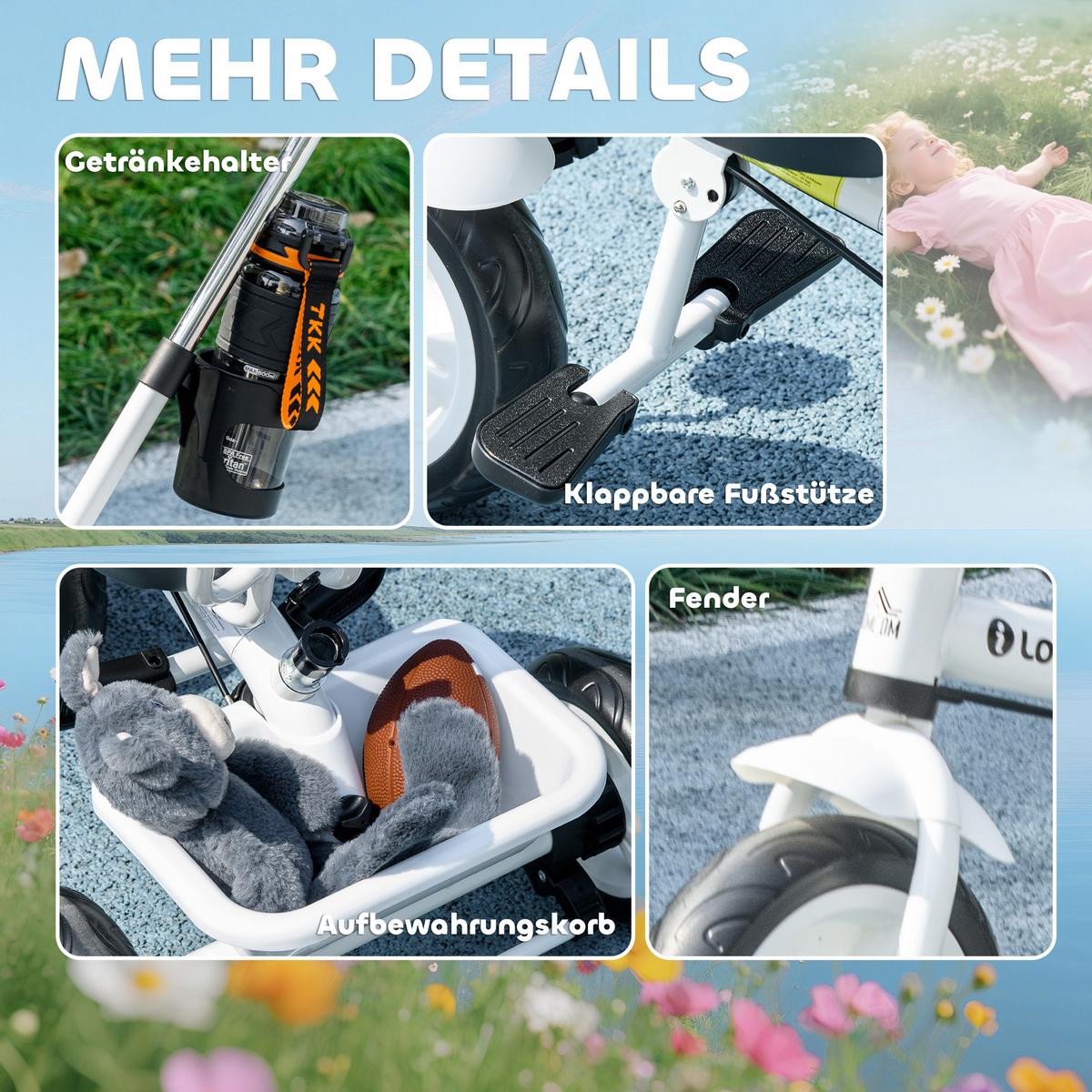 6-IN-1 Dreirad mit Schubstange, Kinderdreirad mit abnehmbarem Sonnendach Weiß - Weiß, Metall (105/47/98cm) - HOMCOM