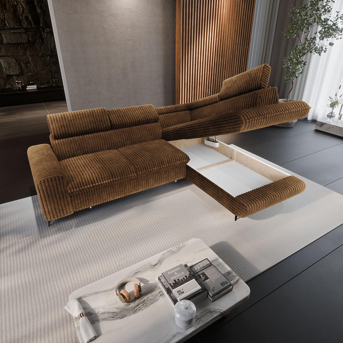 ECKSOFA VELISS Orange Kordstoff mit Schlaffunktion - Orange, Holz (255/193cm) - MASSENO