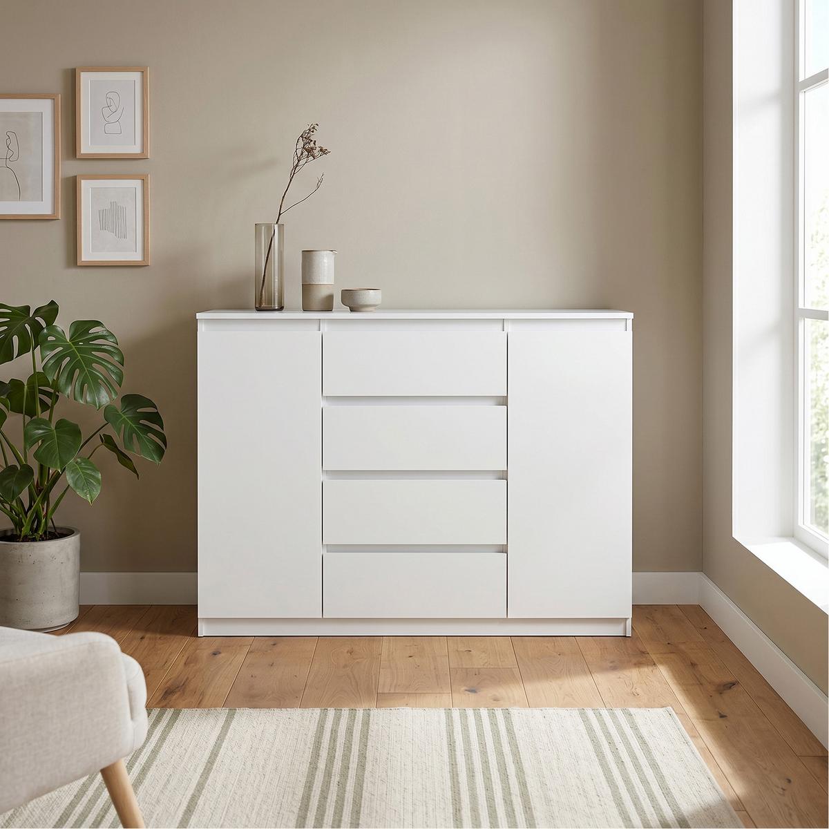 KOMMODE NUDO 138,5/101,5/39cm mit 4 Schubladen 2 Türen Weiß - Weiß, Holzwerkstoff (138.5/101.5/39cm) - MASSENO