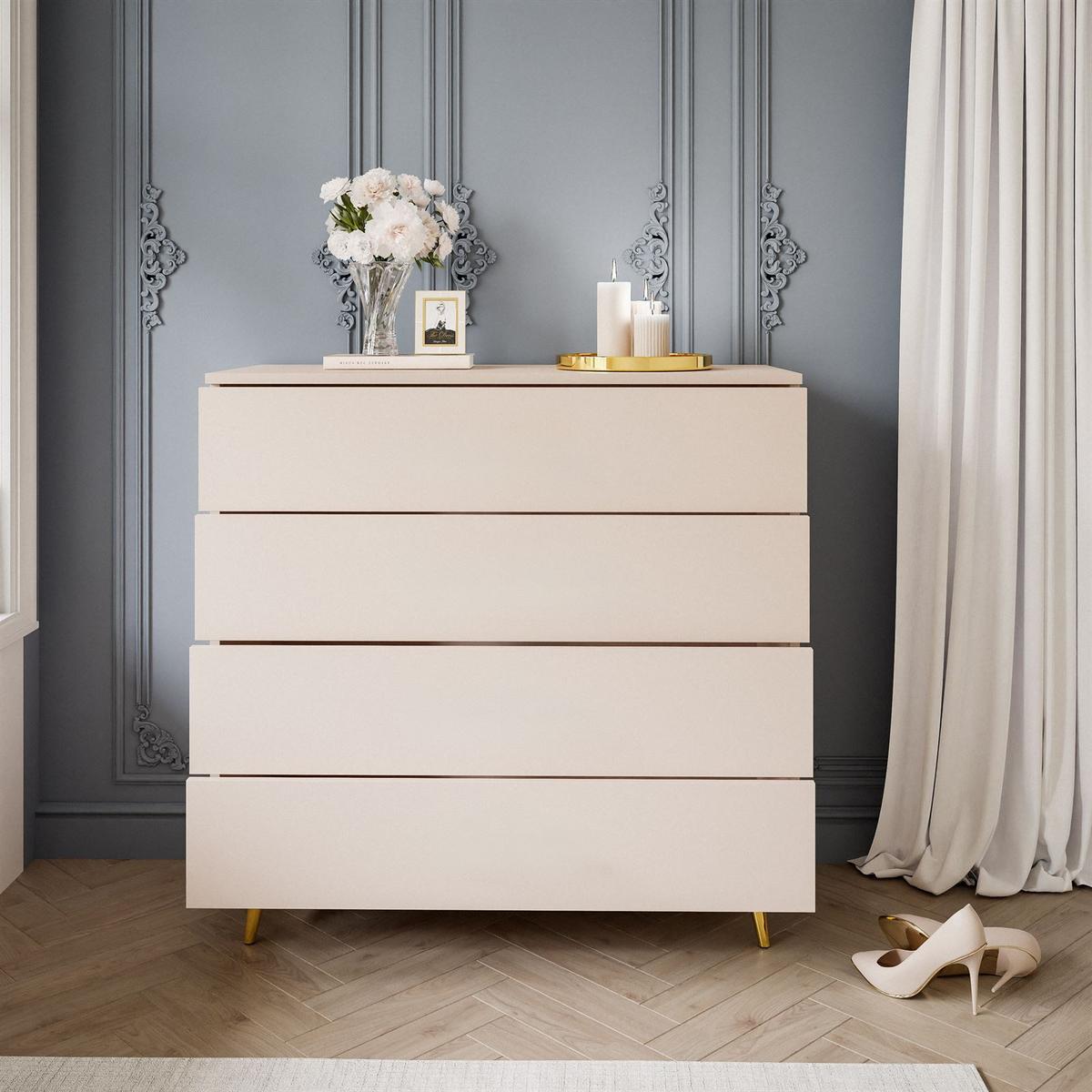 KOMMODE AURA KASCHMIR 4S mit Schubladen Goldene Beine - Kaschmir/Goldfarben, Holzwerkstoff (95/90/40cm) - Lookway