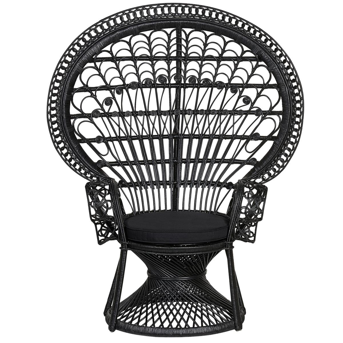 PFAUENSESSEL Rattan/Baumwolle schwarz Emmanuelle - Schwarz, Naturmaterialien/Textil (120/150/50cm) - Beliani