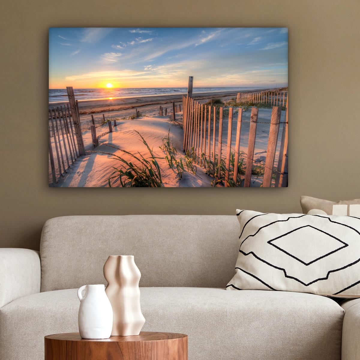 LEINWANDBILD Strand - Meer - Düne - Sonnenuntergang - Landschaft Wanddeko 90x60 cm - Beige, Textil (90/60cm) - MuchoWow