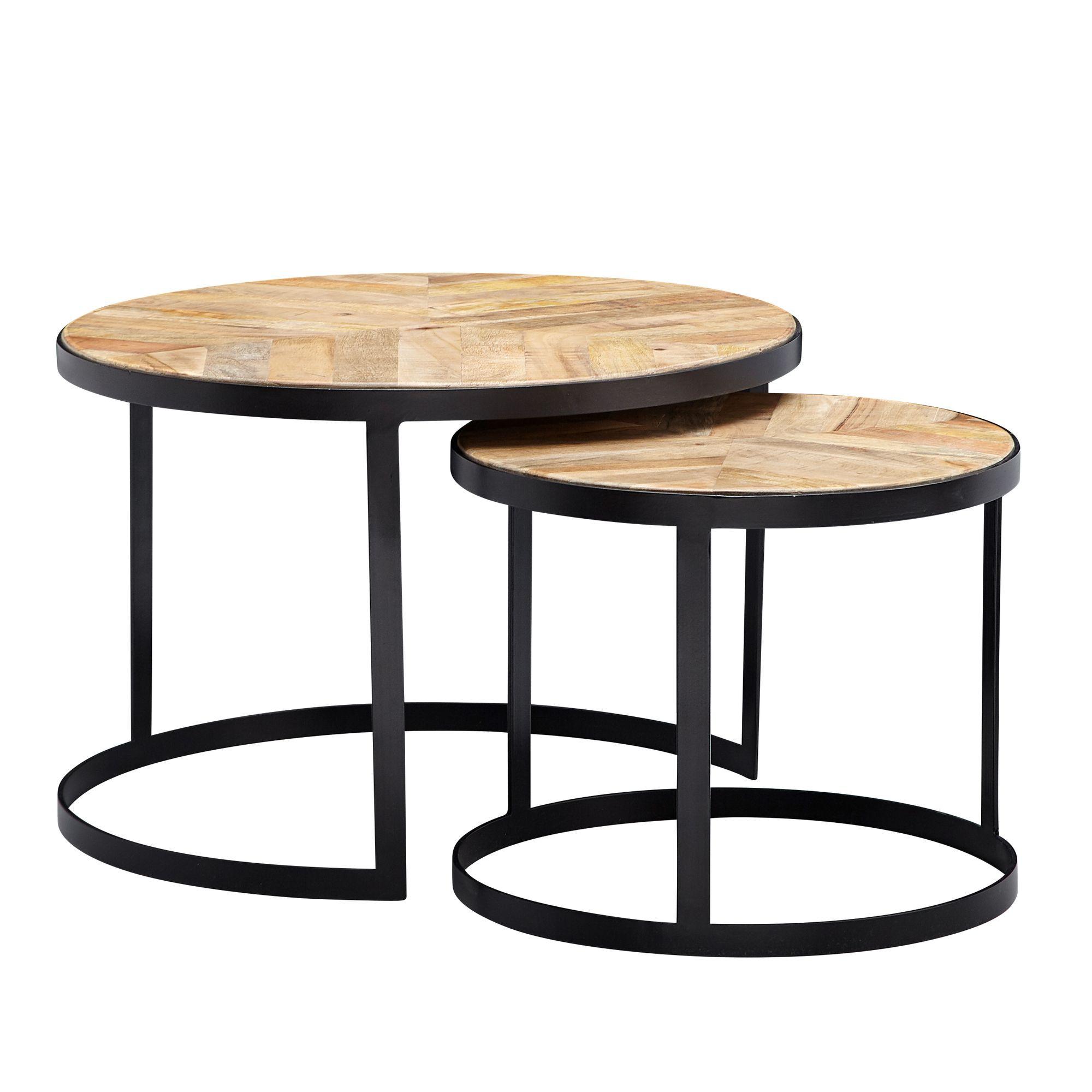 COUCHTISCH 2er Set Massivholz Metall Rund, Akazie 60x60x41 cm - Schwarz/Akaziefarben, Holz/Metall (60/60/41cm) - KADIMA DESIGN