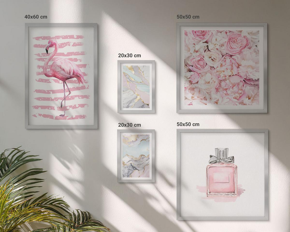 BILDER SET 5er Set - 50x50 cm & 20x30 cm & 40x60 cm Silberner Rahmen - Rosa Blumen Marmor Pastell - Silberfarben, Kunststoff (40/60cm) - TULUP