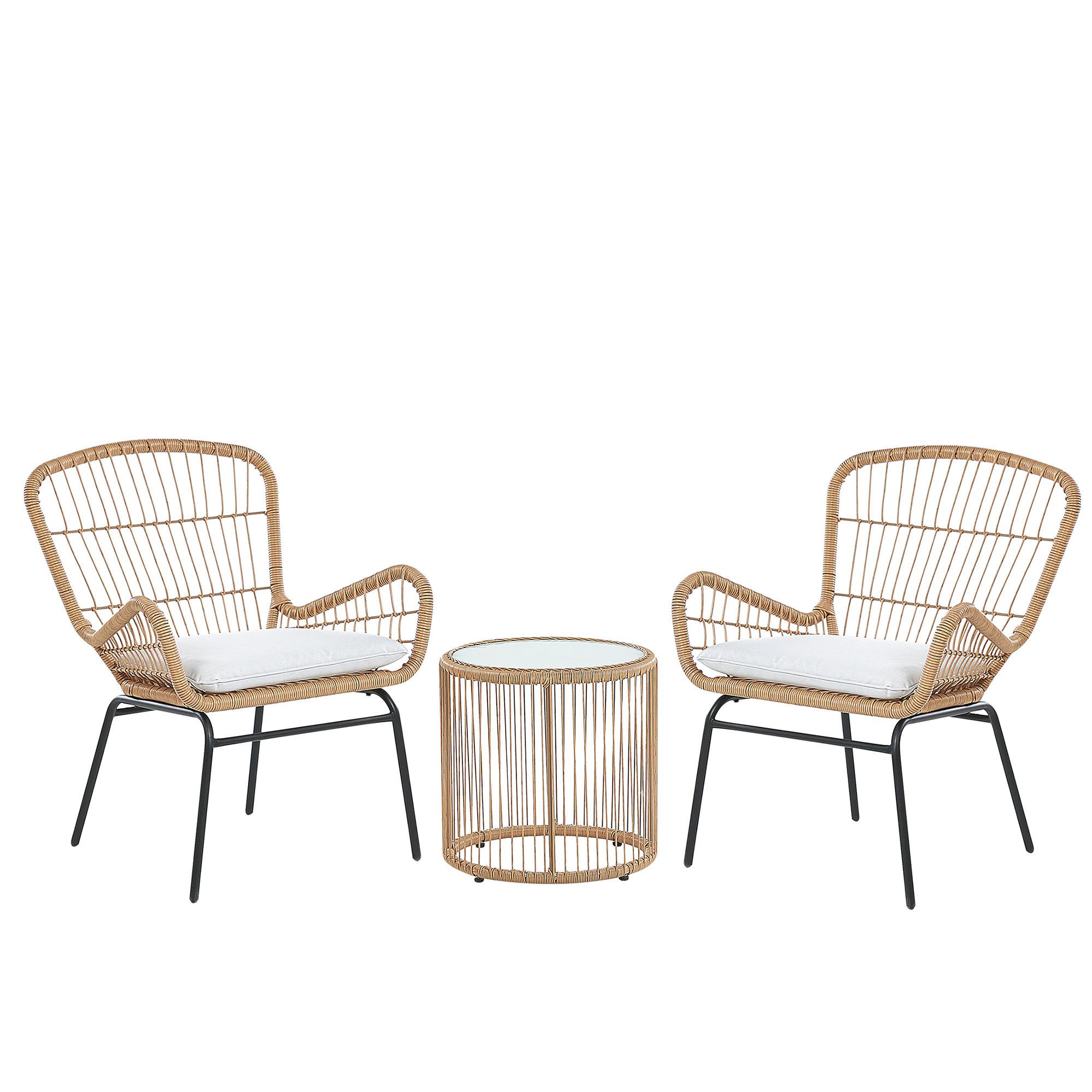 BALKONSET 2-Sitzer Rattan natürlich Auflagen hellgrau Labico - Beige/Schwarz, Kunststoff - Beliani