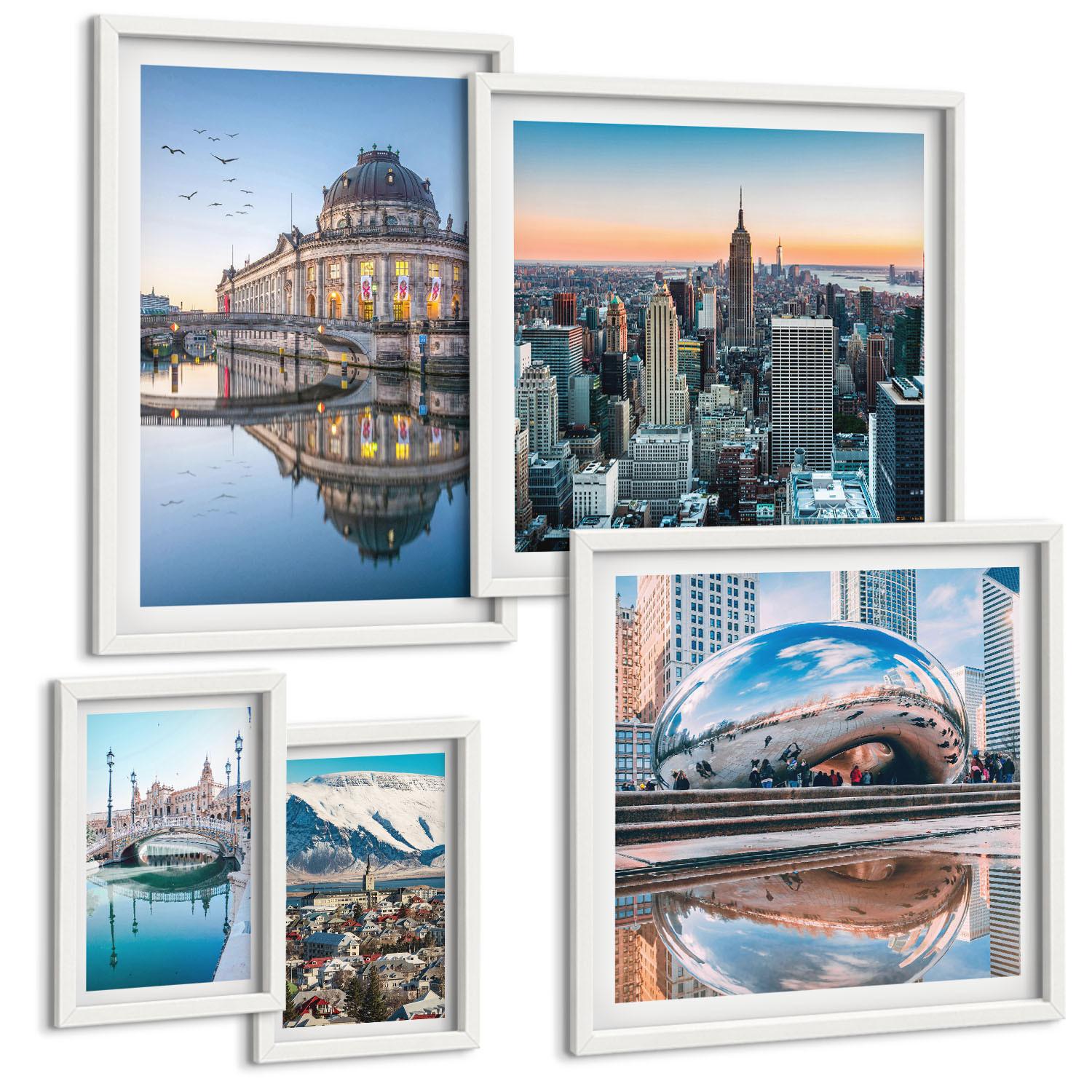 BILDER SET 5er Set - 50x50 cm & 20x30 cm & 40x60 cm Weißer Rahmen - Architektur von Städten am Wasser - Weiß, Kunststoff (40/60cm) - TULUP