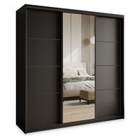 SCHWEBETÜRENSCHRANK VARO 180/205/60 cm 3-türig mit Spiegel und Schubladen Schwarz - Schwarz, Holzwerkstoff (180/205/60cm) - MASSENO