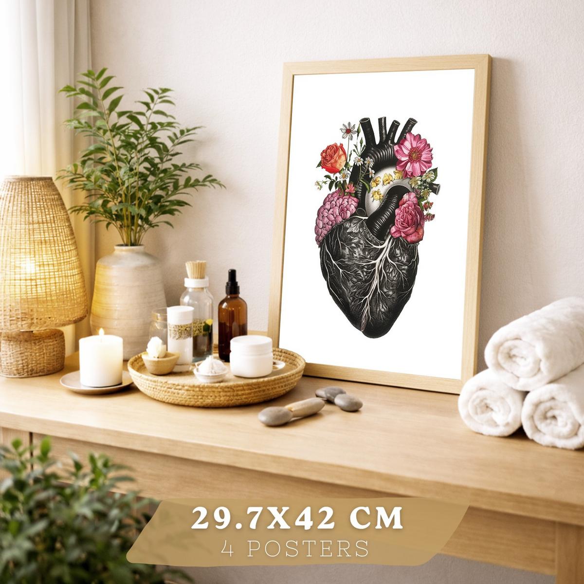POSTER Set aus 4 Anatomie Drucke und Dekorative mit Gehirn Herz Lungen Atmungssystem Rippen Wirbelsäule Modernes Florales Größe Leichter Holzrahmen A4 - Beige, Papier (21/29.7/3cm) - Nacnic