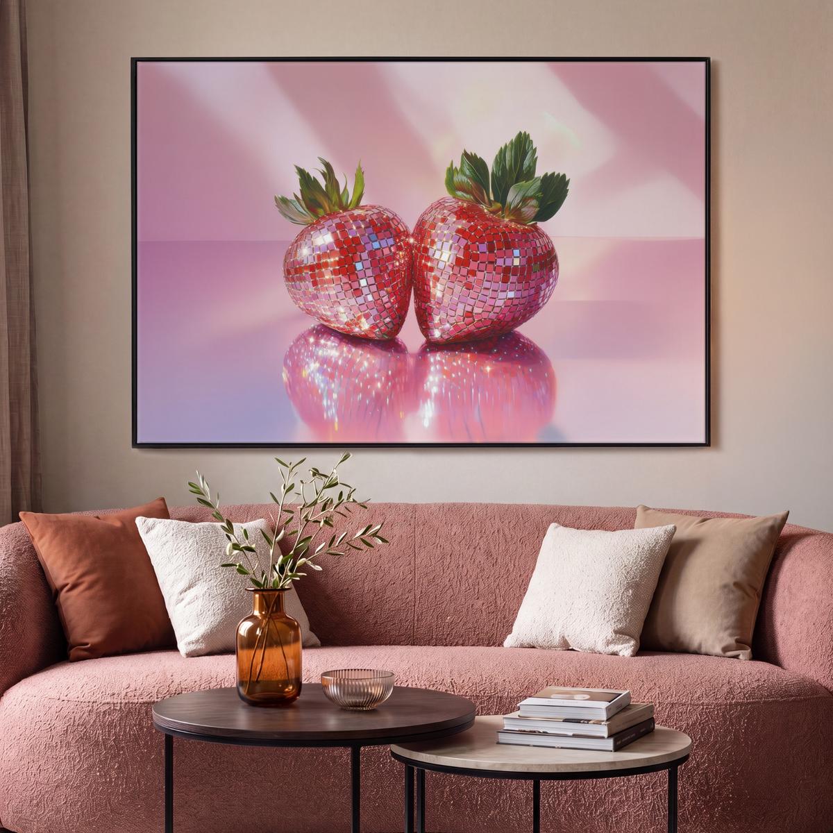 LEINWAND Bilder mit Rahmen - Disco - Obst - Glitzer - Erdbeere - 120x80 - Pink, Textil (120/80cm) - MuchoWow