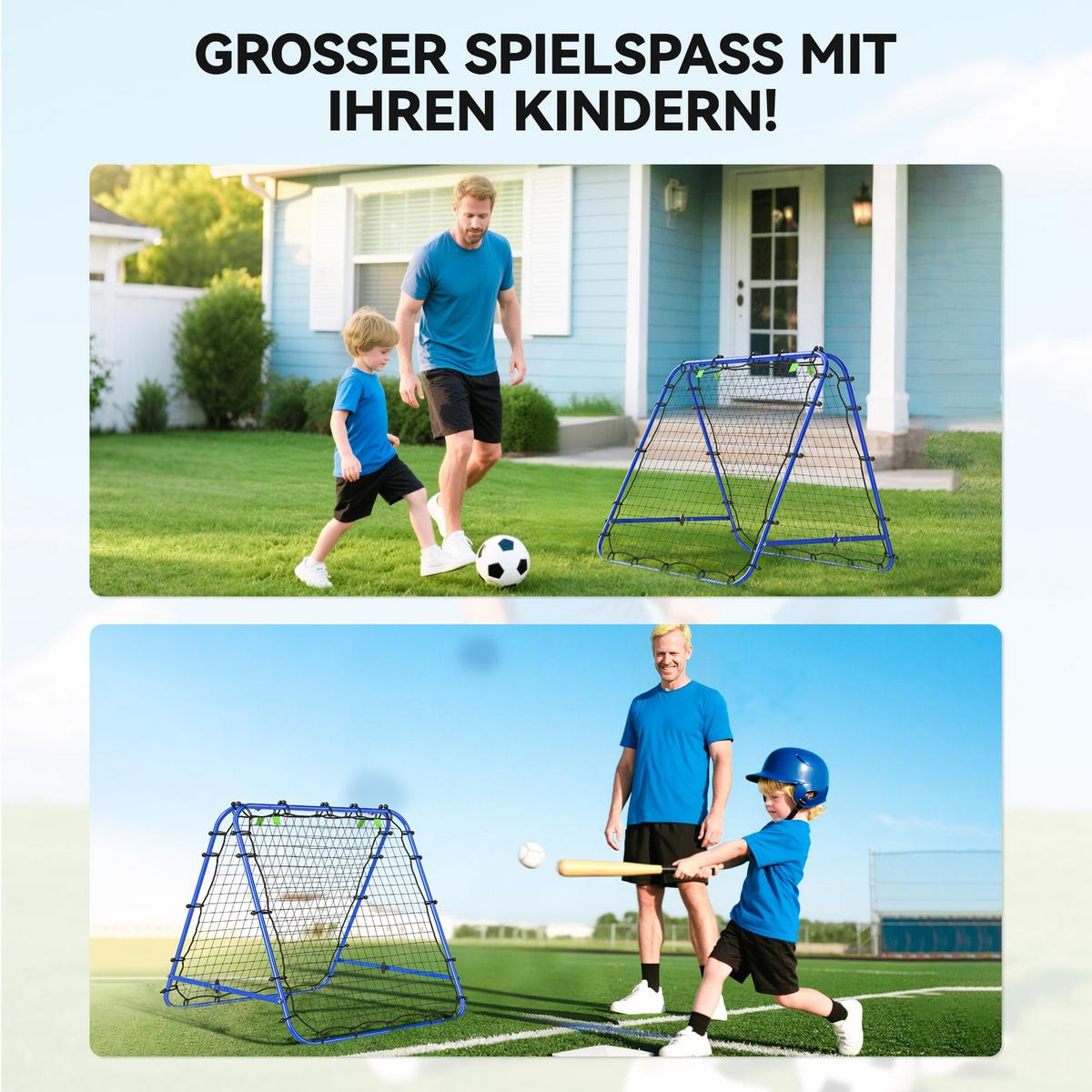 FUSSBALL Rebounder Kickback Tor Rückprallwand beidseitiger Trainingsnetz Stahl - Blau, Metall (95/100cm) - HOMCOM