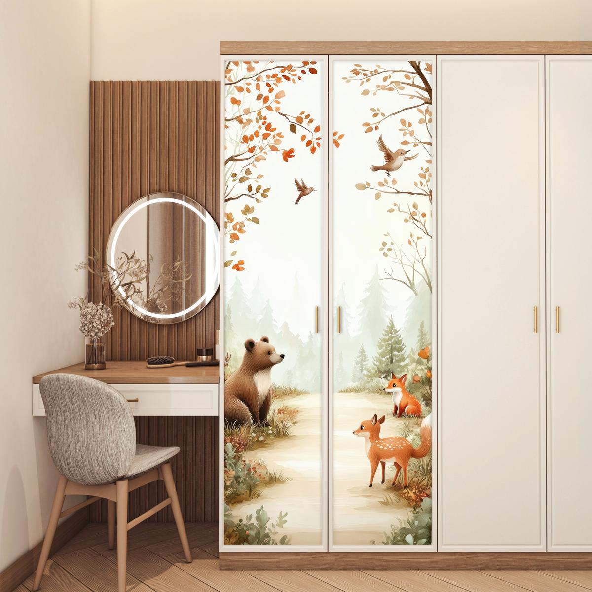 TÜRAUFKLEBER Wald - Herbst - Waldtiere - Bär - Fuchs 80x215 cm - Türtapete - Kastanienfarben, Kunststoff (80/0.1cm) - MuchoWow
