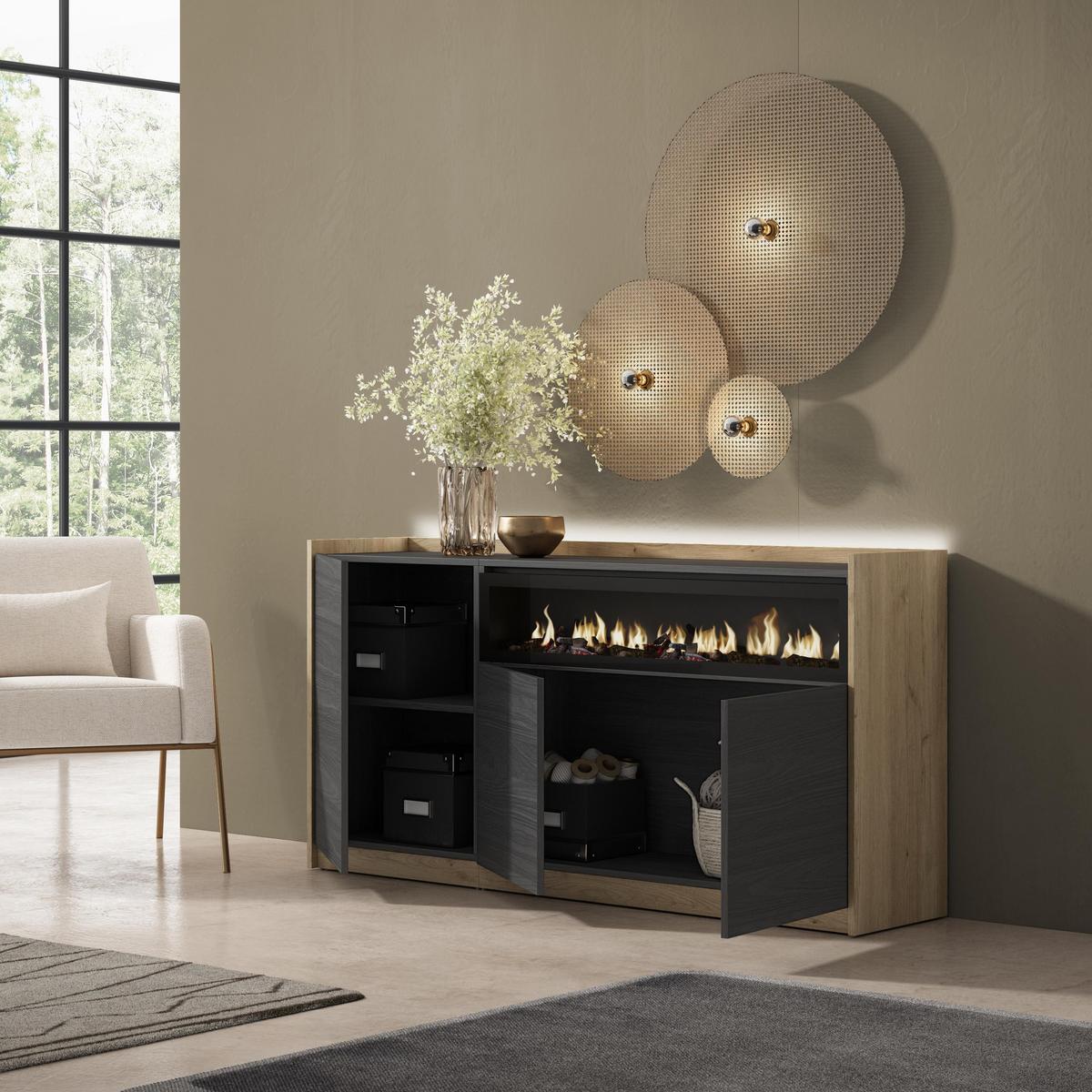 SIDEBOARD, Schwarz und Eiche, 156/37/80cm, Kamin mit Feuereffekt - Schwarz, Holzwerkstoff (156/80/37cm) - Skraut Home