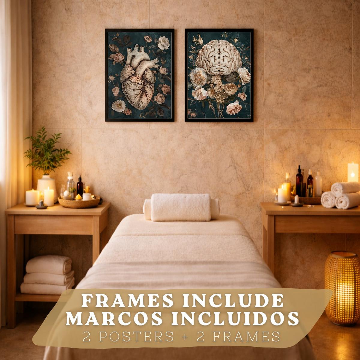 POSTER Set aus 2 Anatomie Mensch Drucke und Wandbilder mit Herz und Gehirn Elegante Florale Illustration Grüner Hintergrund Größe Schwarzer Rahmen A3 - Schwarz, Papier (29.7/42/3cm) - Nacnic