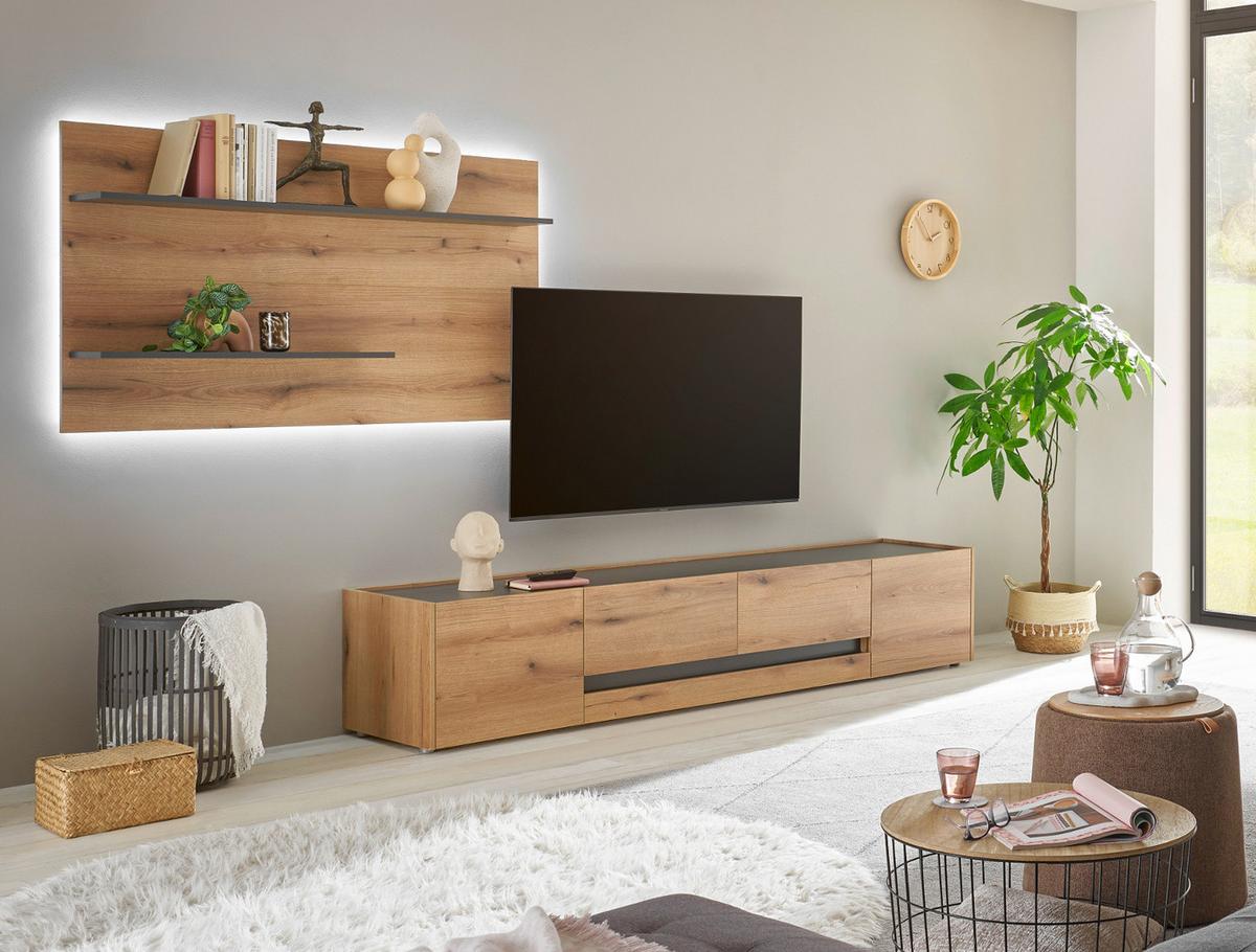 WOHNWAND Evoke Eiche, grau 2-teilig 300 cm, Wohnkombination inklusive Beleuchtung - Eichefarben/Schwarz, Holzwerkstoff/Kunststoff (300/180/45cm) - Furn.Design
