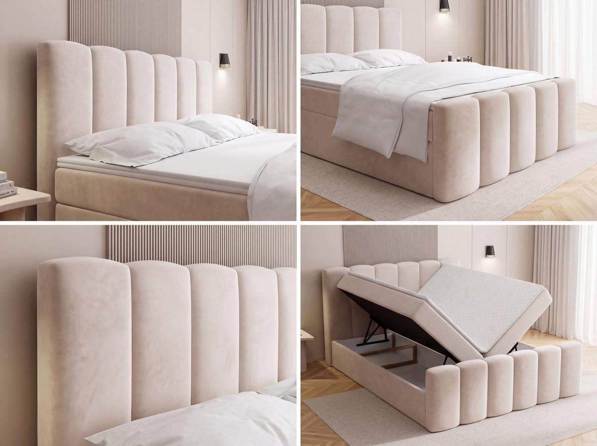 BOXBETT Serenity mit Bettkasten, Samt Creme 140x200 cm – inkl. H4 Taschenfederkern Matratze & Foam Topper - Beige/Creme, Holz/Holzwerkstoff (140/200cm) - WFL GROUP
