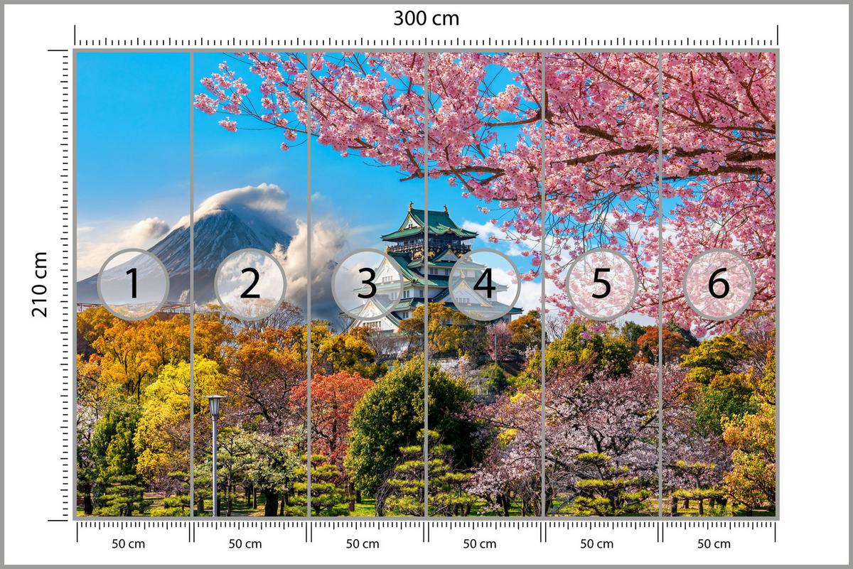 FOTOTAPETE für Wohnzimmer Kirschblüten Osaka Burg Japan Berge Bäume 300x210 - Gelb/Rosa, Papier (300/210cm) - Muralo