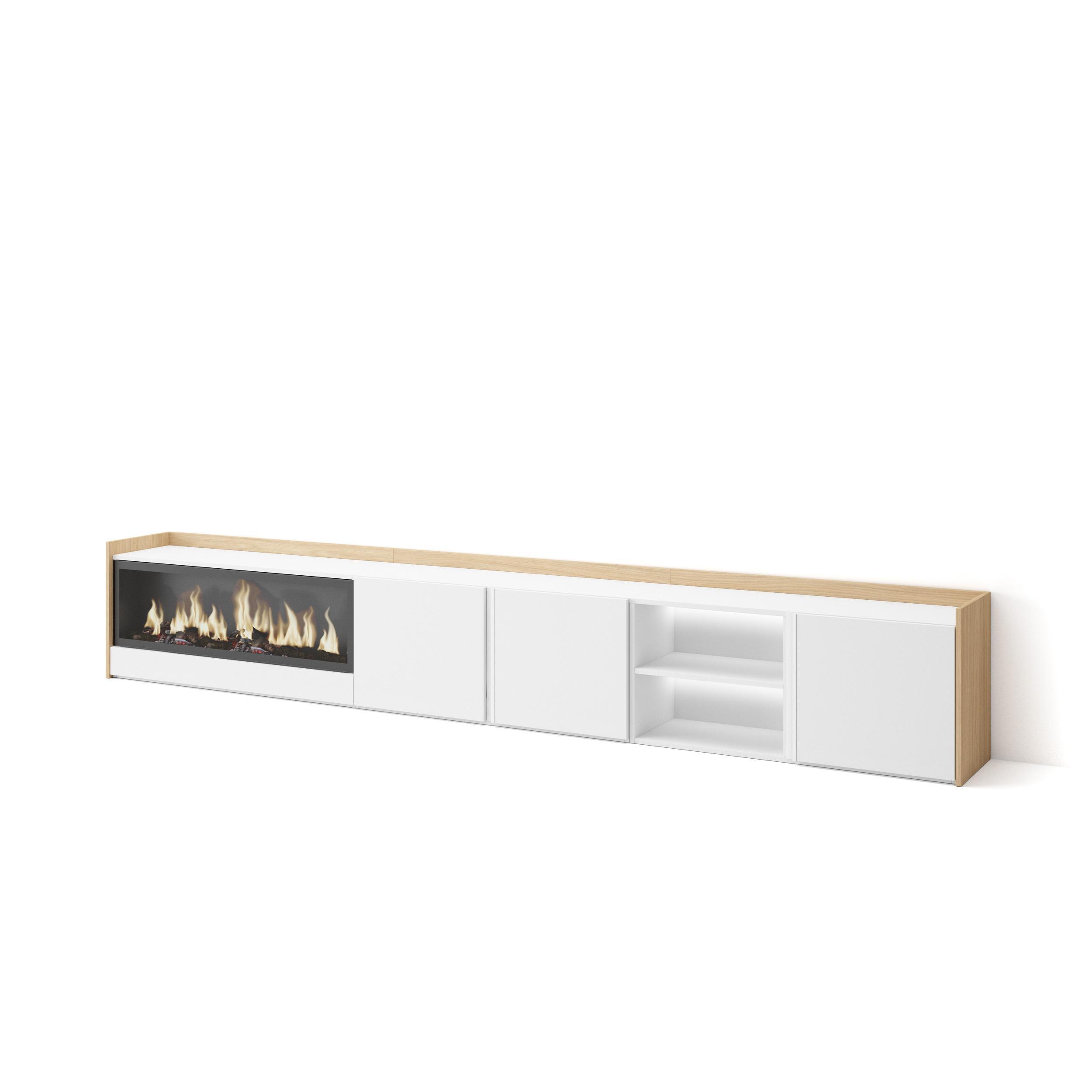 LOWBOARD, Weiß und Eiche, 315/35/50cm, Kamin mit Feuereffekt XXL - Weiß, Holzwerkstoff (315/50/35cm) - Skraut Home