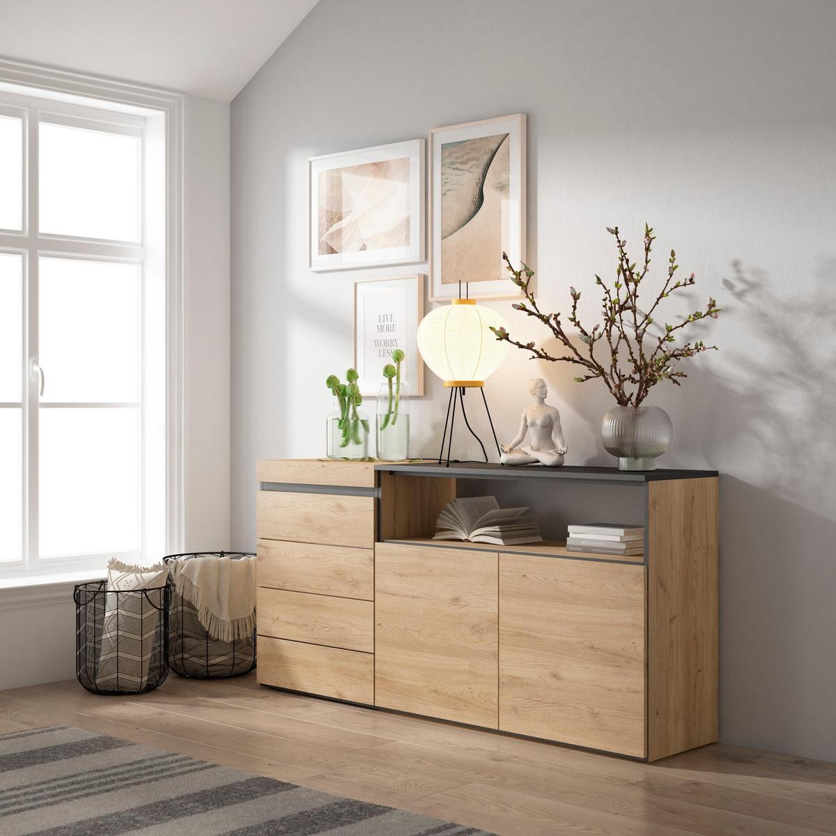 KOMMODE mit Schubladen, Sideboard Schrank, eiche, 158/35/75cm - Eichefarben, Holzwerkstoff (158/75/35cm) - Skraut Home