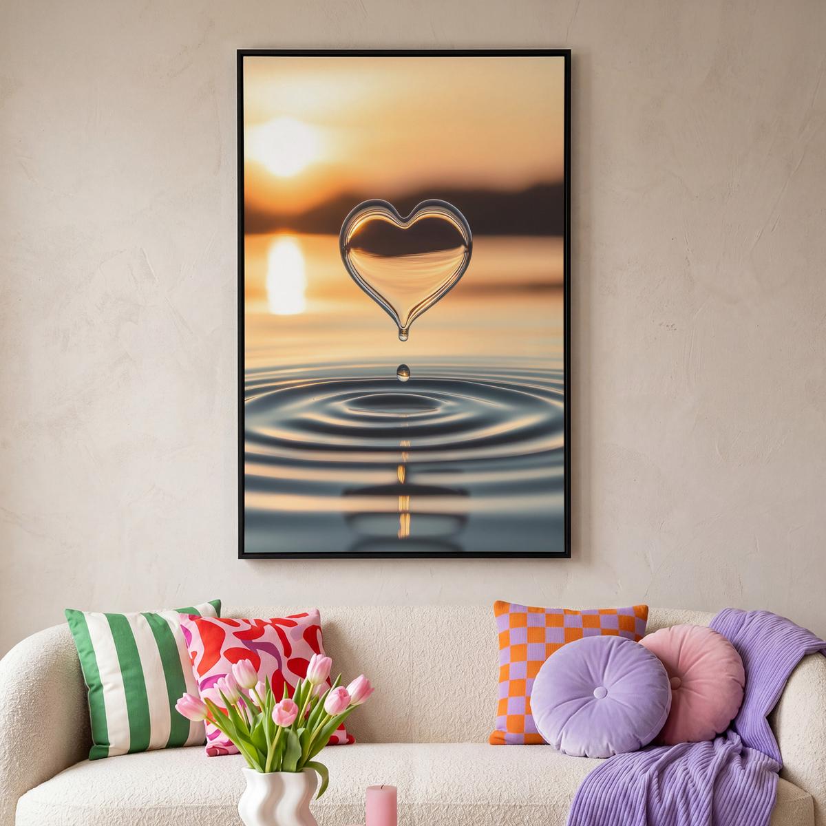 LEINWAND Bilder mit Rahmen - Herz - Wasser - Sonnenuntergang - Natur - Zen - 100x150 - Bernsteinfarben, Textil (100/150cm) - MuchoWow
