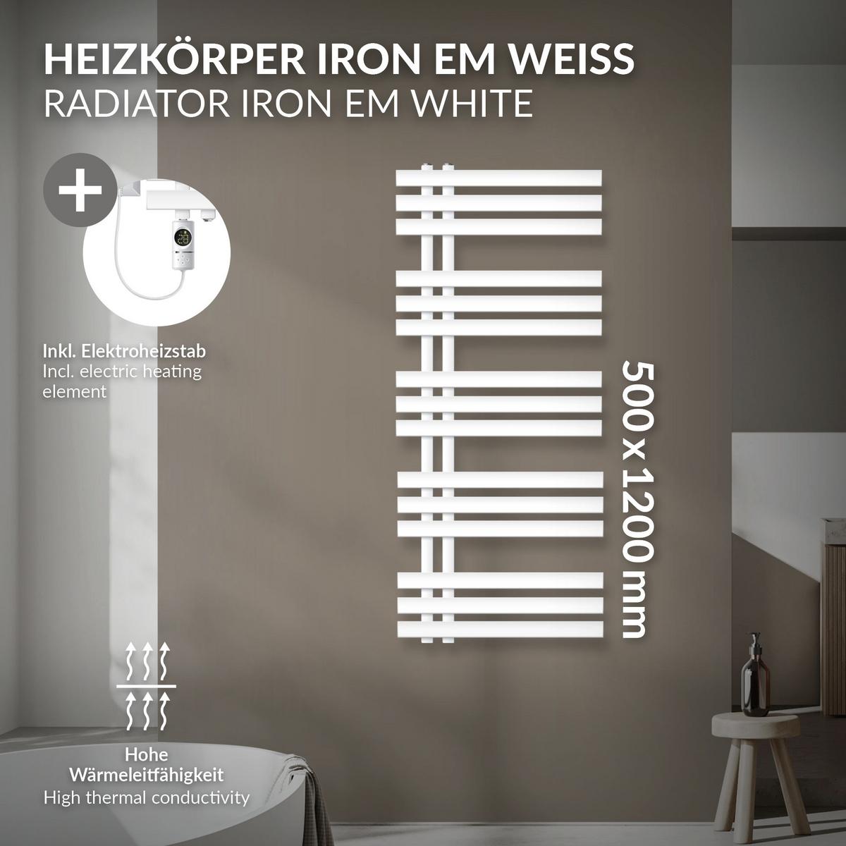 BADHEIZKÖRPER elektrisch IRON EM 500x1200 mm Weiß mit Heizstab 900W Digital - Weiß, Metall (50/120/3cm) - LuxeBath