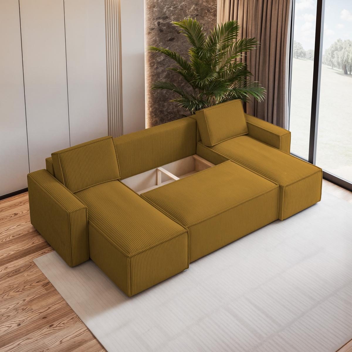 WOHNLANDSCHAFT PESANO P Gelb Kordstoff mit Schlaffunktion - Gelb/Grau, Holz/Kunststoff (306/85/140cm) - MASSENO