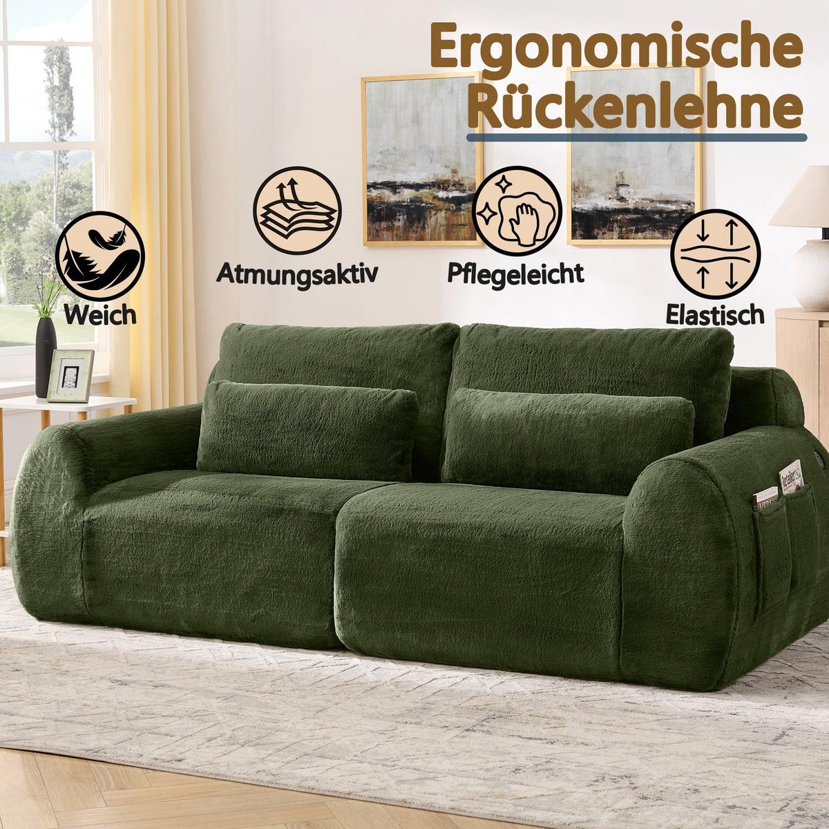2-SITZER SOFA in Grün aus Kunstfell mit USB-Anschluss & Magazintasche - Grün, Textil (101/81/208cm) - Urban Meuble